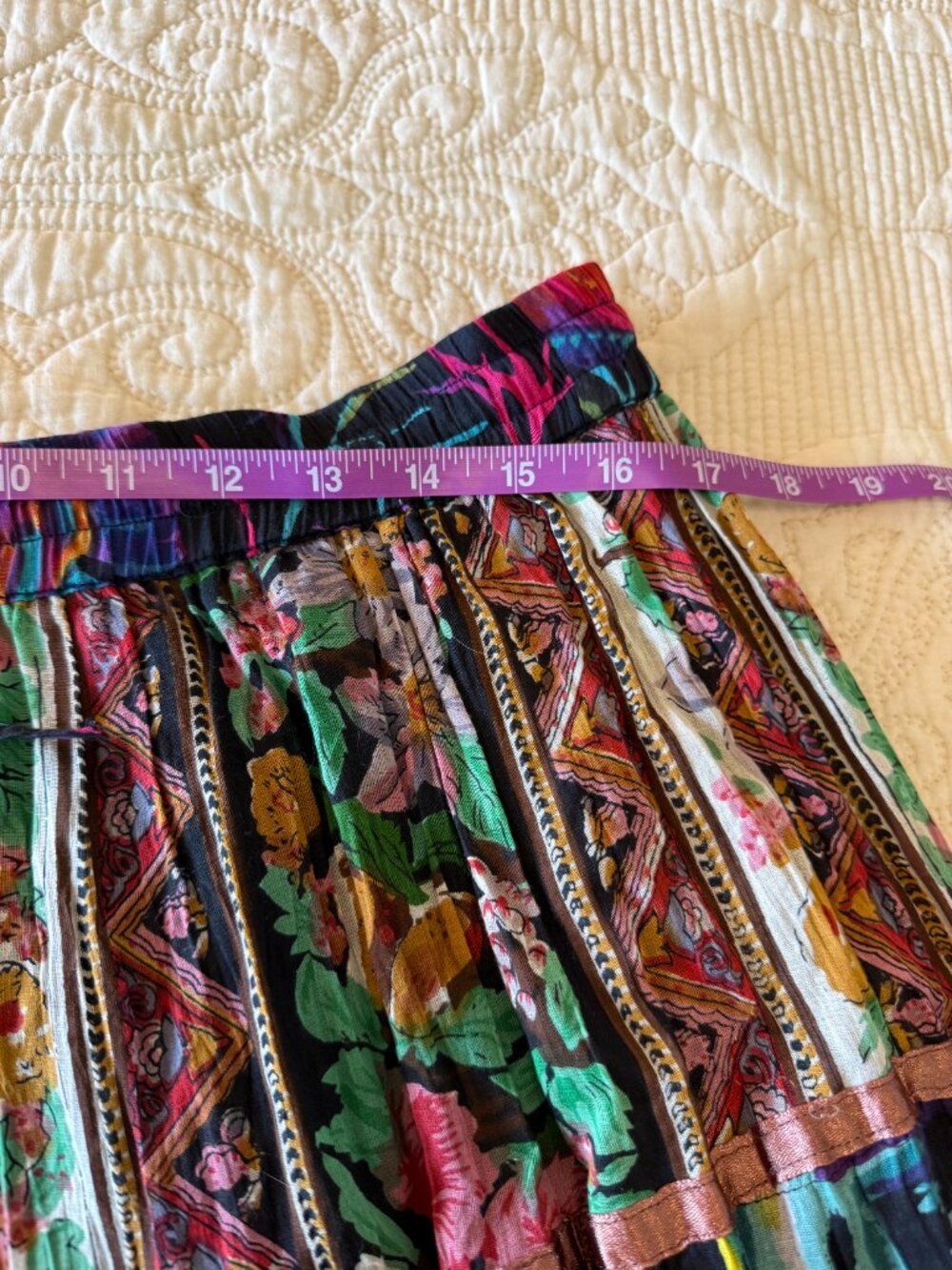 Vibrant bohemian tiered maxi skirt with eclectic mixed prints and ribbon trim - Picture 5 of 6
